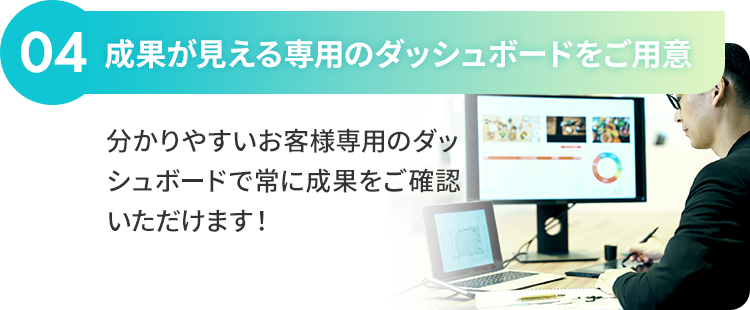 04：成果が見える専用のダッシュボードをご用意 分かりやすいお客様専用のダッシュボードで常に成果をご確認いただけます！